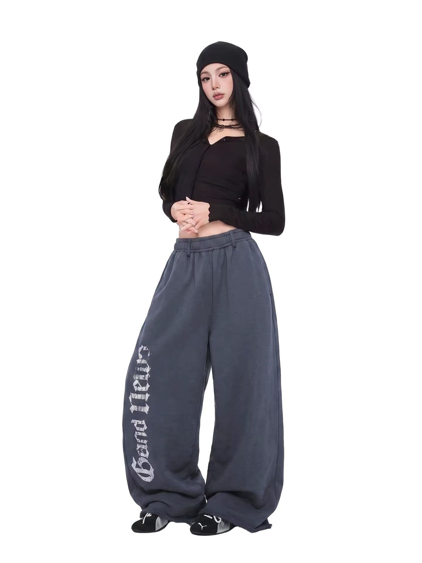 아메리칸 레트로 알파벳 프린트 모통이 칼 웨이 바지 남녀 커플 봄 가을 높음 거리 캐주얼 넓은 다리 길이 바지 이미지 3