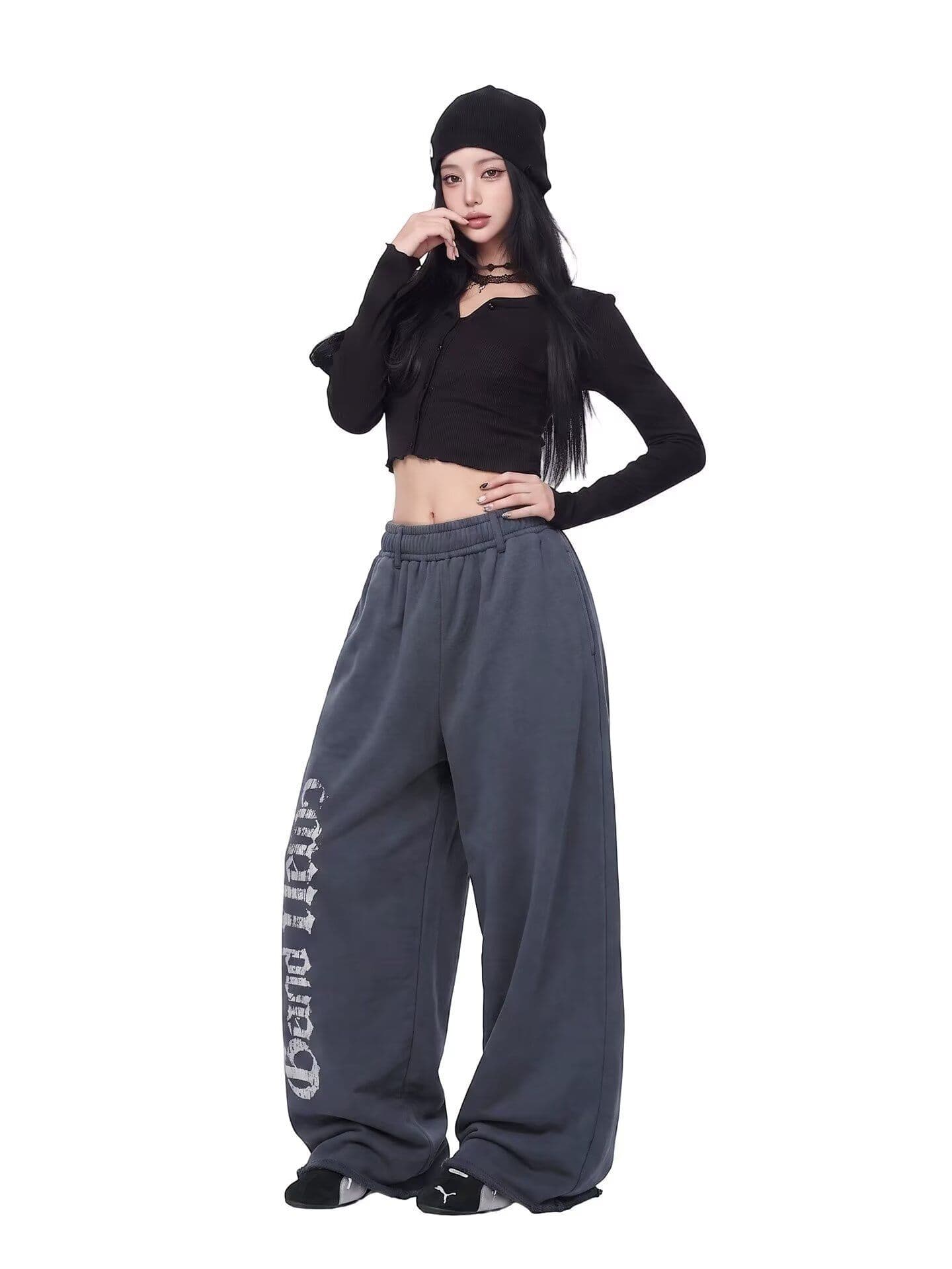 아메리칸 레트로 알파벳 프린트 모통이 칼 웨이 바지 남녀 커플 봄 가을 높음 거리 캐주얼 넓은 다리 길이 바지 상세 이미지 1