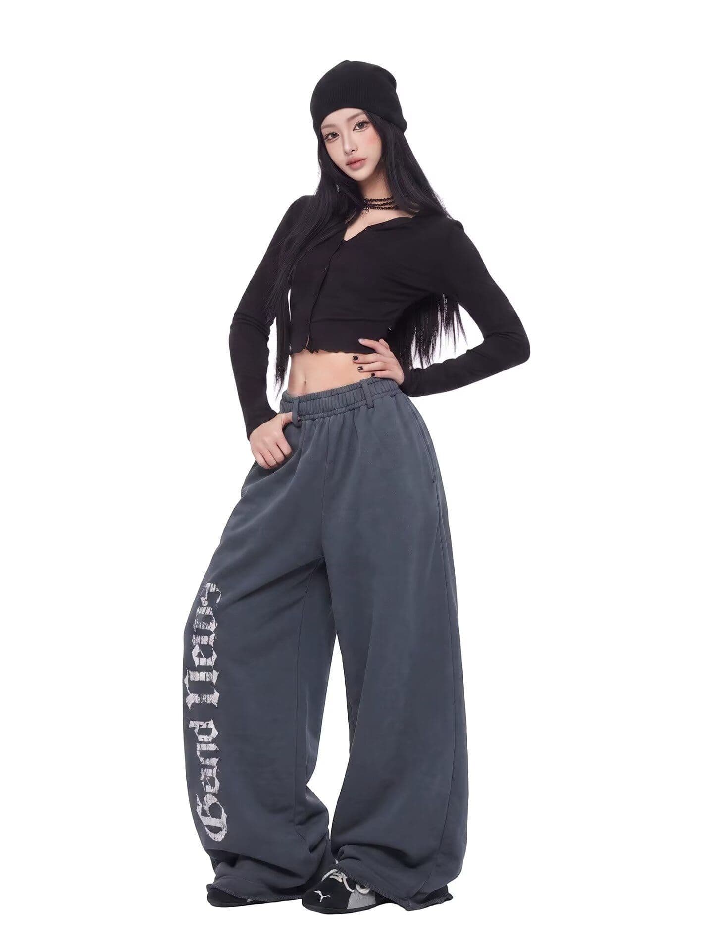아메리칸 레트로 알파벳 프린트 모통이 칼 웨이 바지 남녀 커플 봄 가을 높음 거리 캐주얼 넓은 다리 길이 바지 상세 이미지 2