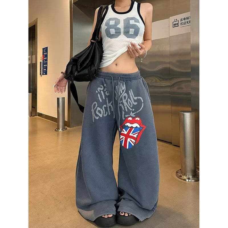아메리칸 조수 브랜드 큰 혀 알파벳 캐주얼 웨이 바지 여성 루즈핏 넓은 다리 도루 센스 바닥 청소 긴 바지