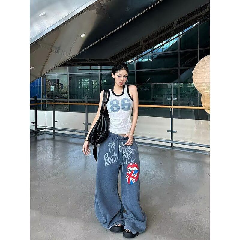 아메리칸 조수 브랜드 큰 혀 알파벳 캐주얼 웨이 바지 여성 루즈핏 넓은 다리 도루 센스 바닥 청소 긴 바지 이미지 4
