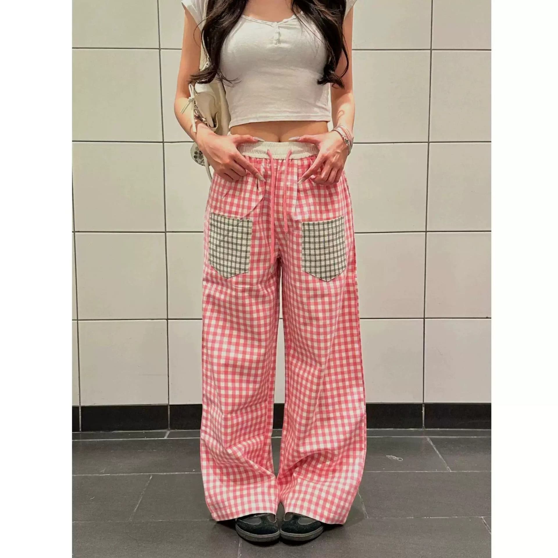 원본 천 복합 패치 주머니 체크무늬 바지 남녀 스트레이트 루즈핏 운동 느긋한 커플 캐주얼 긴 바지 상세 이미지 4
