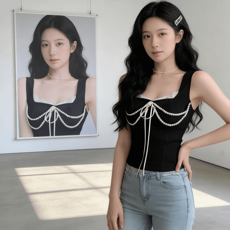 2026 봄 여름 레이스 조각 진주 캐미솔 인사이드 가져 가라. 광장 칼라 스트랩 허리 수축 슬림해 보이는 기본 셔츠