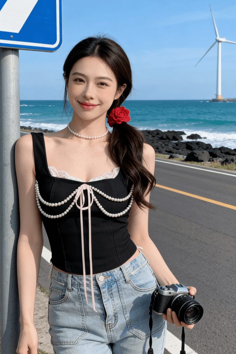 2026 봄 여름 레이스 조각 진주 캐미솔 인사이드 가져 가라. 광장 칼라 스트랩 허리 수축 슬림해 보이는 기본 셔츠 상세 이미지 2