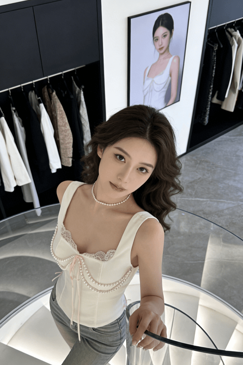 2026 봄 여름 레이스 조각 진주 캐미솔 인사이드 가져 가라. 광장 칼라 스트랩 허리 수축 슬림해 보이는 기본 셔츠 상세 이미지 6