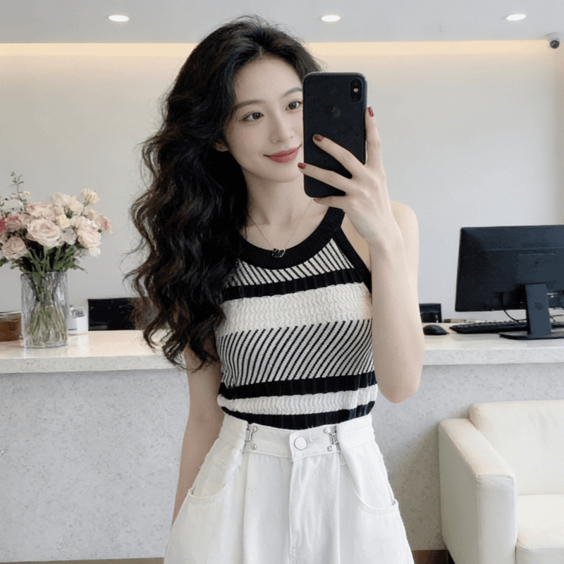 새로운 패치워크 색상 스트라이프 로고 니트 조끼 얇은 스타일 슬림해 보이는 다용도 라운드 넥 풀오버 민소매 쇼트 스타일 맨위 이미지 5