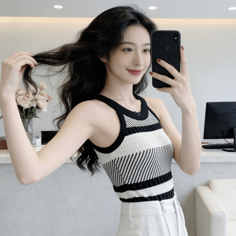 새로운 패치워크 색상 스트라이프 로고 니트 조끼 얇은 스타일 슬림해 보이는 다용도 라운드 넥 풀오버 민소매 쇼트 스타일 맨위 상세 이미지 5