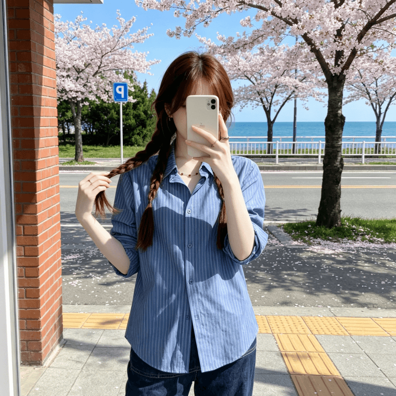 원본 워싱 면 100% 레트로 블루 스트라이프 긴팔 여성 셔츠 봄 여름 얇은 스타일 새로운 오픈 가디건 셔츠 맨위 이미지 3