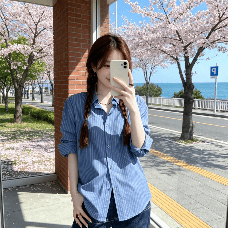 원본 워싱 면 100% 레트로 블루 스트라이프 긴팔 여성 셔츠 봄 여름 얇은 스타일 새로운 오픈 가디건 셔츠 맨위 이미지 4