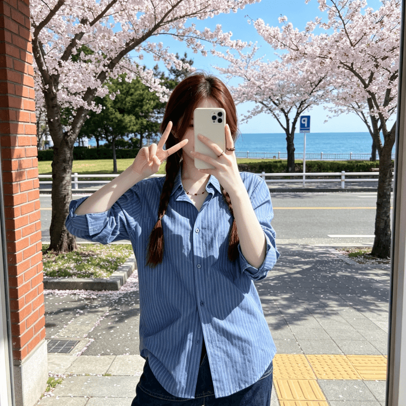 원본 워싱 면 100% 레트로 블루 스트라이프 긴팔 여성 셔츠 봄 여름 얇은 스타일 새로운 오픈 가디건 셔츠 맨위 상세 이미지 7