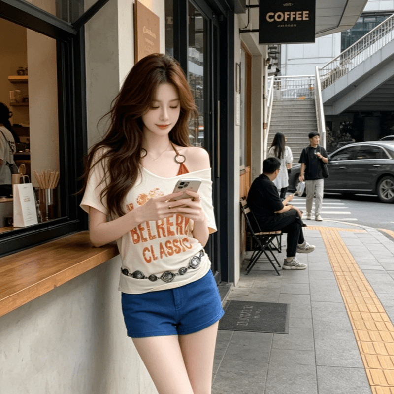 봄 여름 드레스 심장 기계 오프숄더 슬림해 보이는 티셔츠 여성 로얄 자매 몸매 가꾸기 오프숄더 V넥 디자인 센스 핫걸 맨위