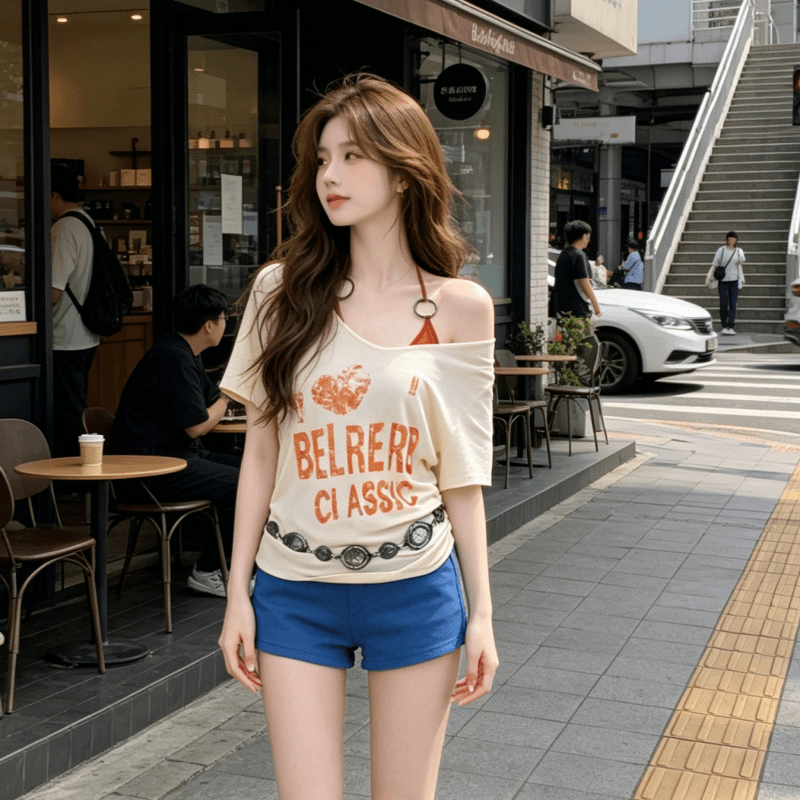 봄 여름 드레스 심장 기계 오프숄더 슬림해 보이는 티셔츠 여성 로얄 자매 몸매 가꾸기 오프숄더 V넥 디자인 센스 핫걸 맨위 상세 이미지 1