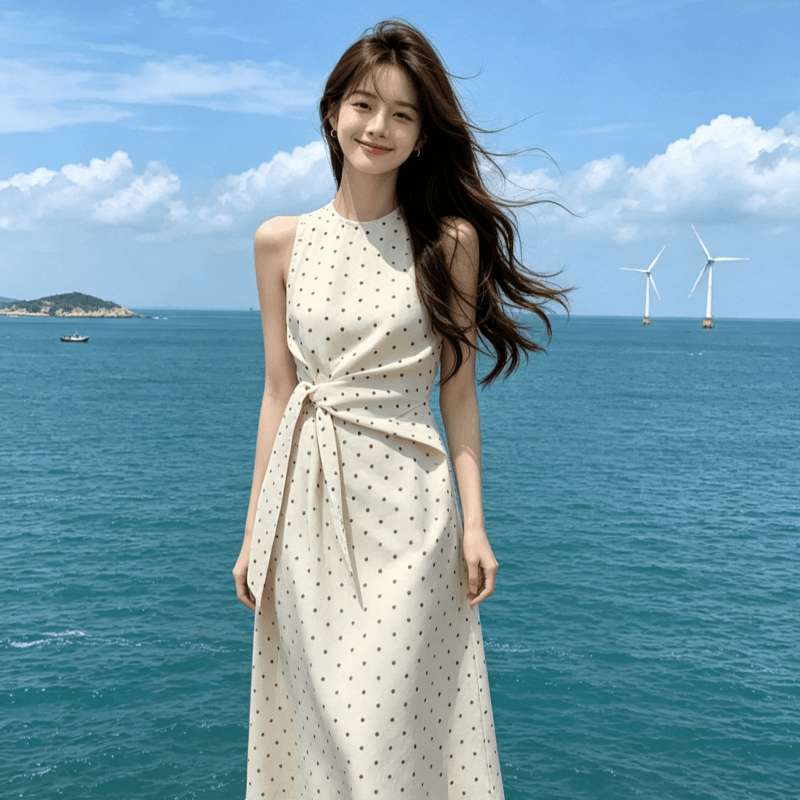 여름 빅 사이즈 품격 도트 무늬 민소매 조끼 여성 드레스 고급 센스 허리 수축 슬림해 보이는 스트랩 롱 스커트 이미지 3