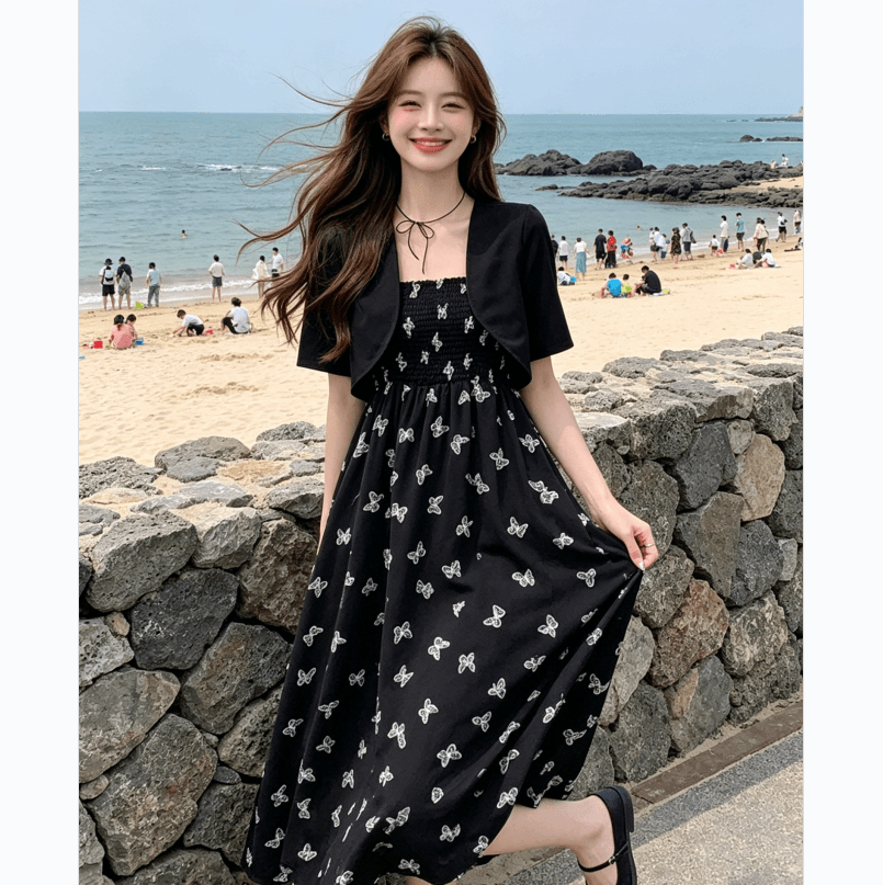 빅 사이즈 프랑스식 꽃무늬 슬립 드레스 여름 지방 mm 허리 수축 품격 드레스 투피스 세트 이미지 3
