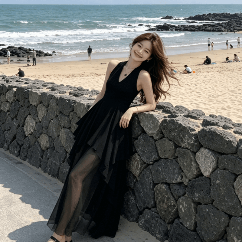 순수한 욕망 바람 섹시함 V넥 행침 목 여성 드레스 디자인 센스 패션 불규칙 품격 허리 수축 예복 롱 스커트 이미지 3