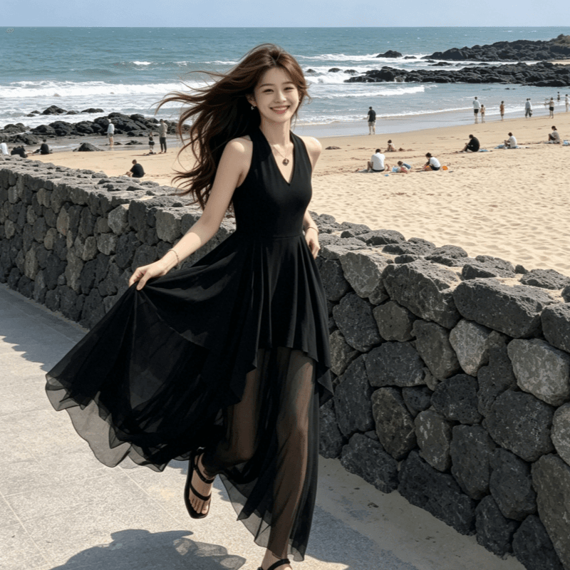 순수한 욕망 바람 섹시함 V넥 행침 목 여성 드레스 디자인 센스 패션 불규칙 품격 허리 수축 예복 롱 스커트 상세 이미지 2