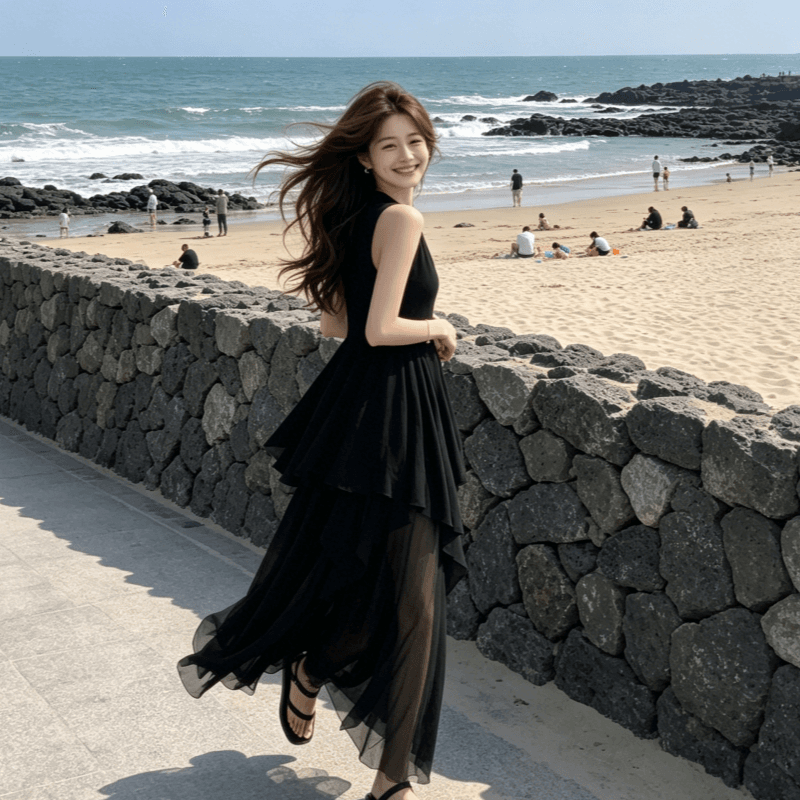 순수한 욕망 바람 섹시함 V넥 행침 목 여성 드레스 디자인 센스 패션 불규칙 품격 허리 수축 예복 롱 스커트 상세 이미지 4