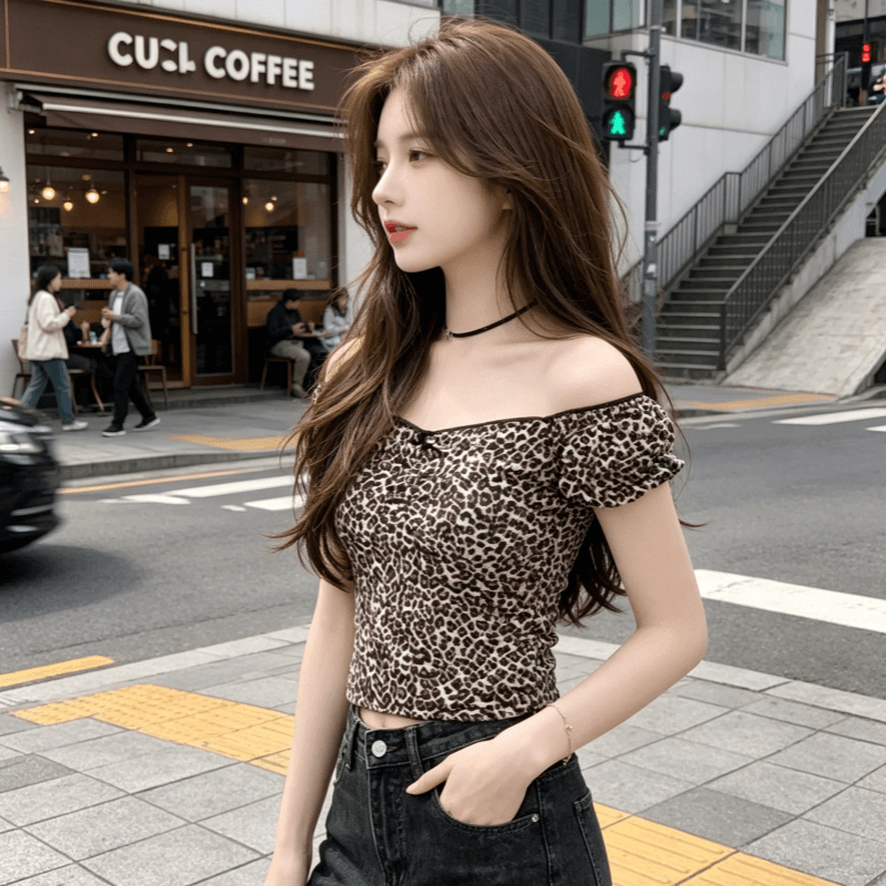 순수한 욕망 핫걸 레오파드 무늬 레오파드 무늬 광장 칼라 반팔 티셔츠 여성 봄 핫걸 몸매 가꾸기 슬림해 보이는 맨위 상세 이미지 7