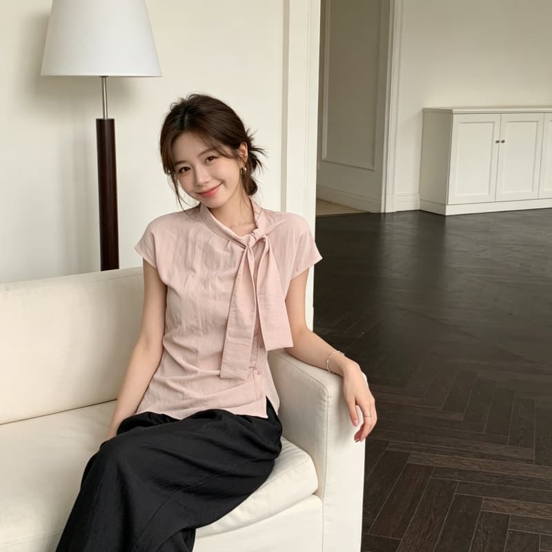 고급 센스 스트라이프 리본 반팔 여성 셔츠 불규칙 슬림해 보이는 주름 다용도 맨위 상세 이미지 15