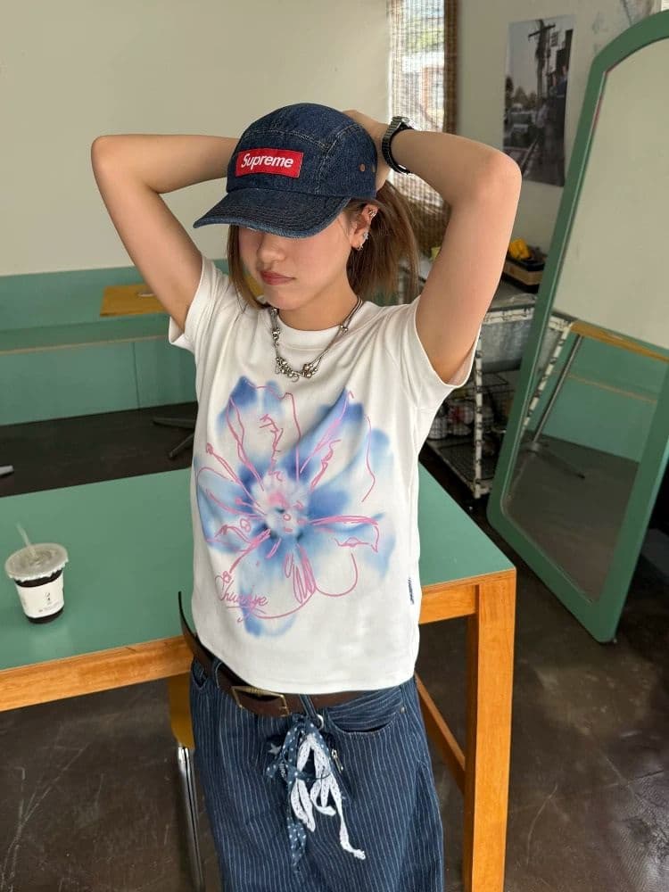 정가 순면 40 220 그램 92 면 8 암모니아 Lun 긍정적 인 어깨 반팔 티셔츠 여성 프린트 이미지 2