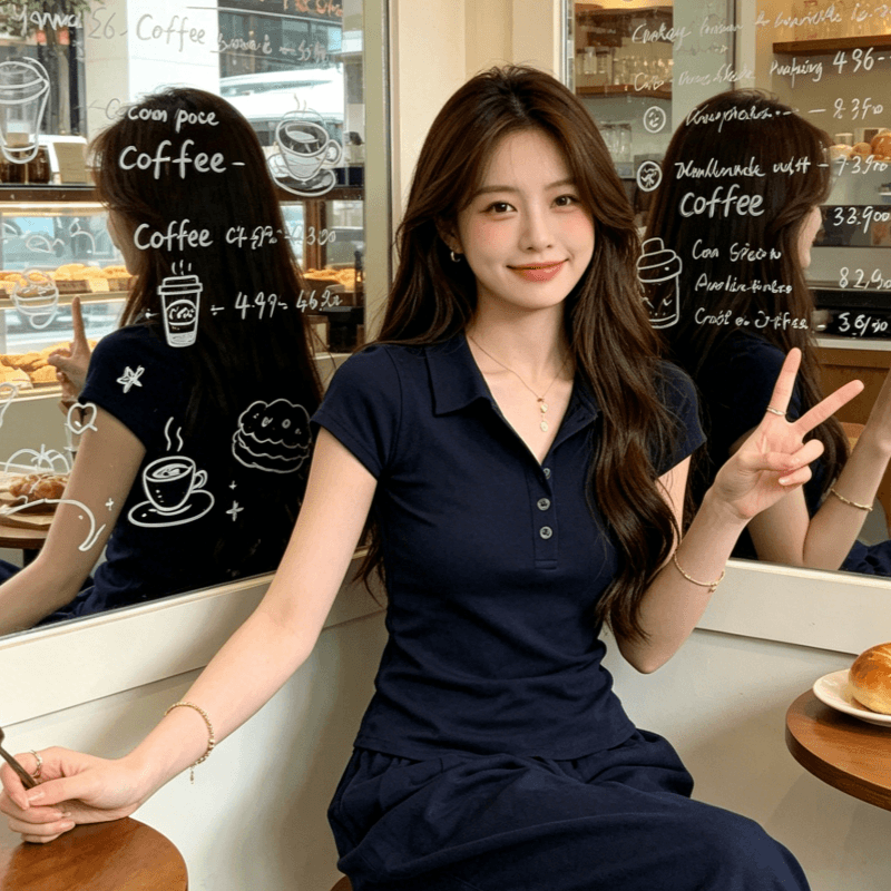 40 1 1 순면 빅 사이즈 마이크로 지방 mm 순수한 욕망 POLO 칼라 반팔 티셔츠 여성 여름 맨위 긍정적 인 어깨