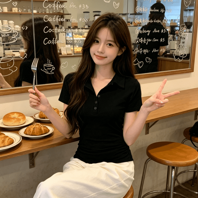 40 1 1 순면 빅 사이즈 마이크로 지방 mm 순수한 욕망 POLO 칼라 반팔 티셔츠 여성 여름 맨위 긍정적 인 어깨 상세 이미지 10