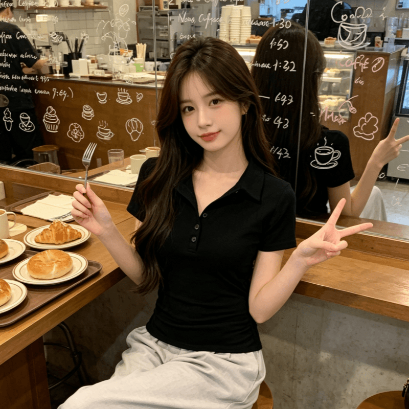40 1 1 순면 빅 사이즈 마이크로 지방 mm 순수한 욕망 POLO 칼라 반팔 티셔츠 여성 여름 맨위 긍정적 인 어깨 상세 이미지 11
