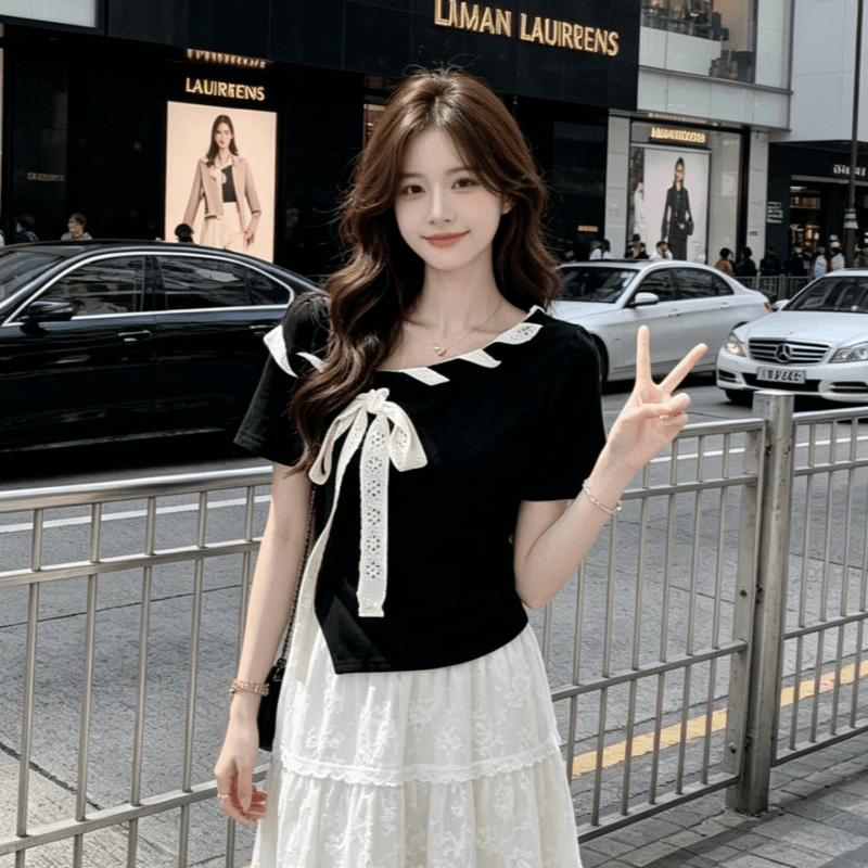 모방 면 260 그램 와 사고 방식 하나 한국 스타일 외국 가스 반팔 비스듬한 칼라 Chic 스트랩 배색 나비 매듭 티셔츠 맨위 여름 이미지 2