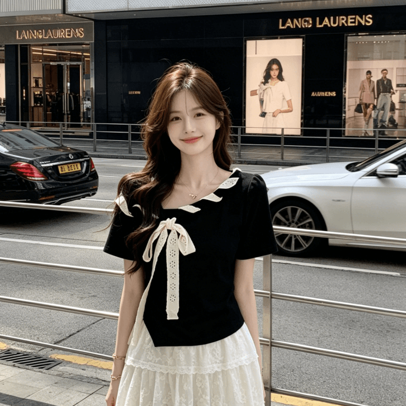 모방 면 260 그램 와 사고 방식 하나 한국 스타일 외국 가스 반팔 비스듬한 칼라 Chic 스트랩 배색 나비 매듭 티셔츠 맨위 여름 이미지 4
