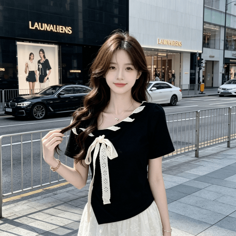 모방 면 260 그램 와 사고 방식 하나 한국 스타일 외국 가스 반팔 비스듬한 칼라 Chic 스트랩 배색 나비 매듭 티셔츠 맨위 여름 상세 이미지 4