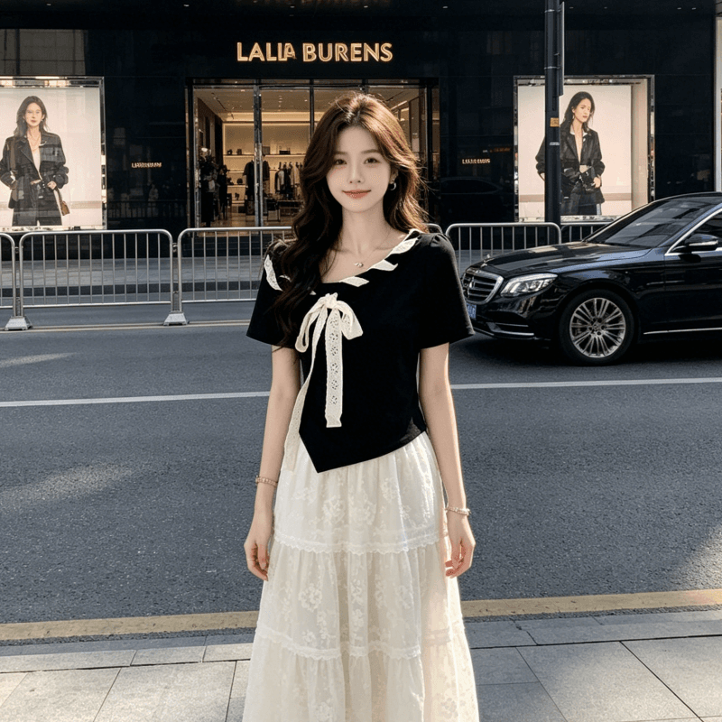 모방 면 260 그램 와 사고 방식 하나 한국 스타일 외국 가스 반팔 비스듬한 칼라 Chic 스트랩 배색 나비 매듭 티셔츠 맨위 여름 상세 이미지 7