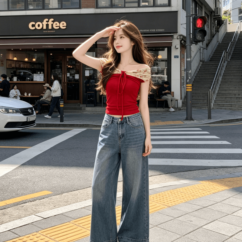 모달 오프숄더 나비 매듭 패치워크 꽃무늬 반팔 티셔츠 여성 여름 디자인 센스 몸매 가꾸기 핫걸 맨위 상세 이미지 3