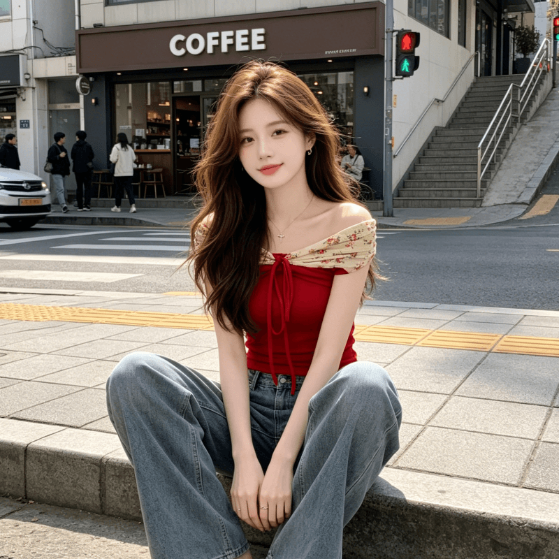 모달 오프숄더 나비 매듭 패치워크 꽃무늬 반팔 티셔츠 여성 여름 디자인 센스 몸매 가꾸기 핫걸 맨위 상세 이미지 4