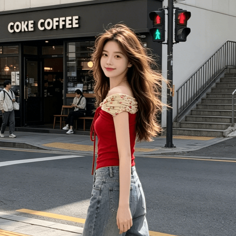 모달 오프숄더 나비 매듭 패치워크 꽃무늬 반팔 티셔츠 여성 여름 디자인 센스 몸매 가꾸기 핫걸 맨위 상세 이미지 5