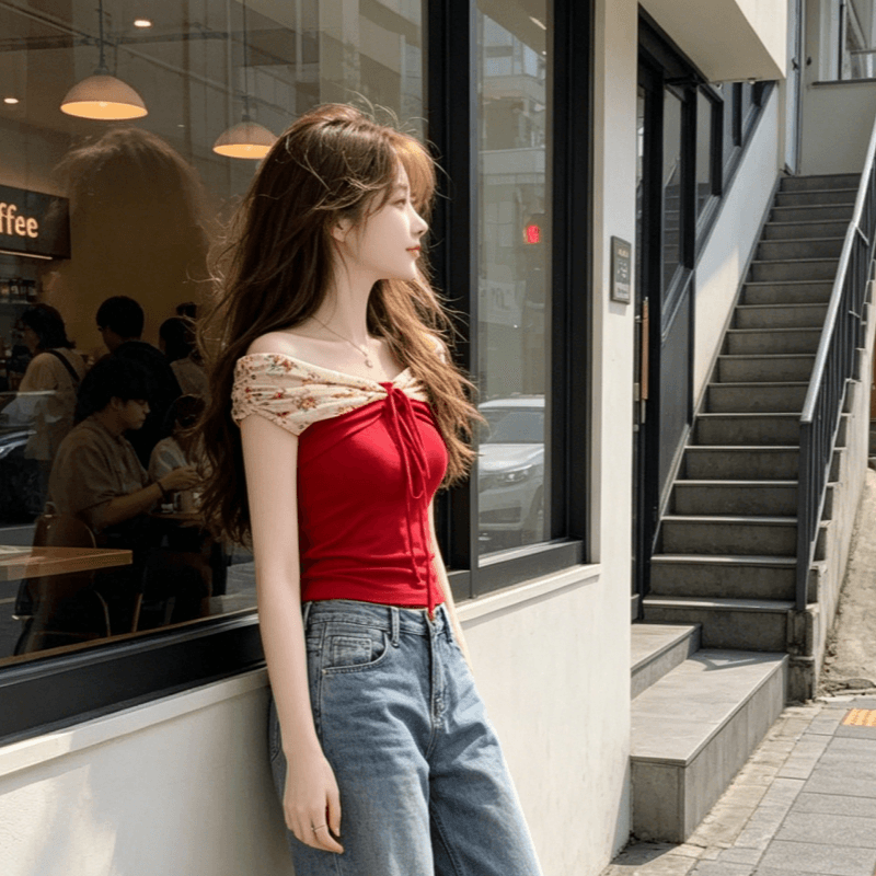 모달 오프숄더 나비 매듭 패치워크 꽃무늬 반팔 티셔츠 여성 여름 디자인 센스 몸매 가꾸기 핫걸 맨위 상세 이미지 6