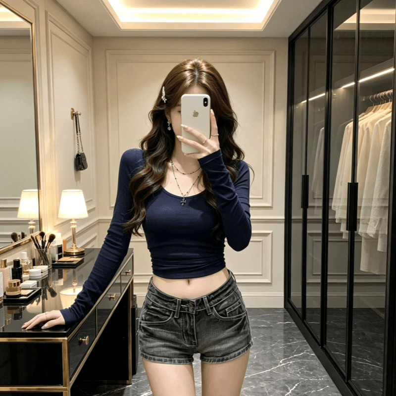 레트로 블랙 회색 높음 거리 로우 웨이스트 데님 초단바지 여성 워싱 마 오래된 몸매 가꾸기 슬림해 보이는 신축성 다용도 핫 바지 트렌디 상세 이미지 5