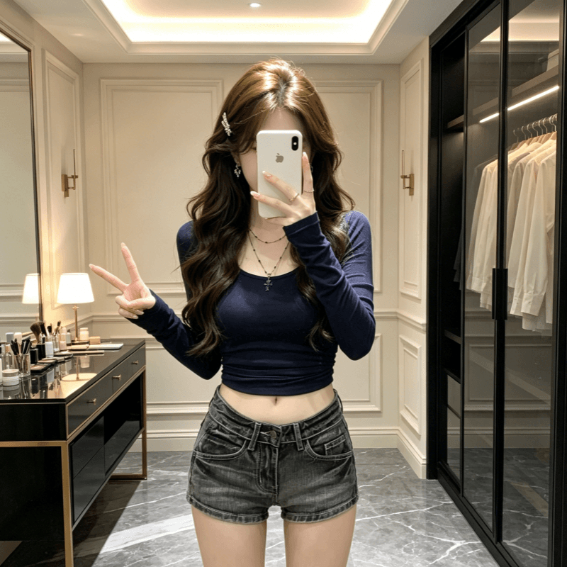 레트로 블랙 회색 높음 거리 로우 웨이스트 데님 초단바지 여성 워싱 마 오래된 몸매 가꾸기 슬림해 보이는 신축성 다용도 핫 바지 트렌디 상세 이미지 9