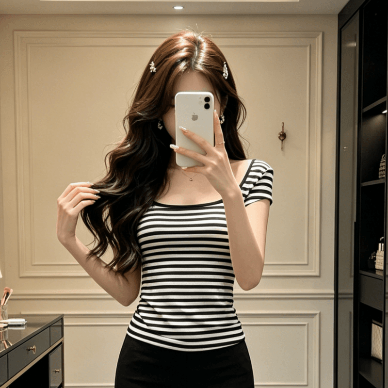 아메리칸 스트라이프 u 칼라 백리스 반팔 티셔츠 여성 여름 몸매 가꾸기 슬림해 보이는 핫걸 순수한 욕망 아름다운 맨위 이미지 2
