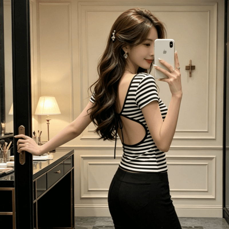 아메리칸 스트라이프 u 칼라 백리스 반팔 티셔츠 여성 여름 몸매 가꾸기 슬림해 보이는 핫걸 순수한 욕망 아름다운 맨위 상세 이미지 2
