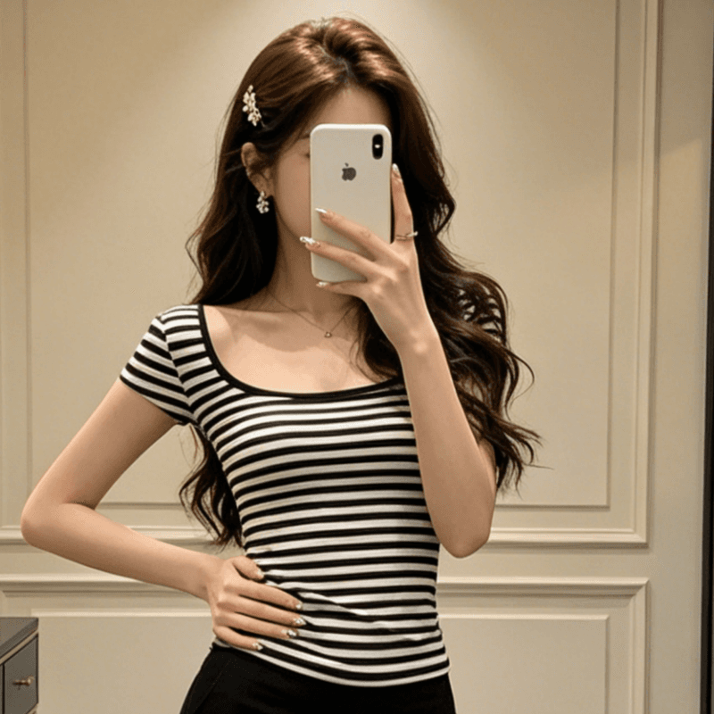 아메리칸 스트라이프 u 칼라 백리스 반팔 티셔츠 여성 여름 몸매 가꾸기 슬림해 보이는 핫걸 순수한 욕망 아름다운 맨위 상세 이미지 5