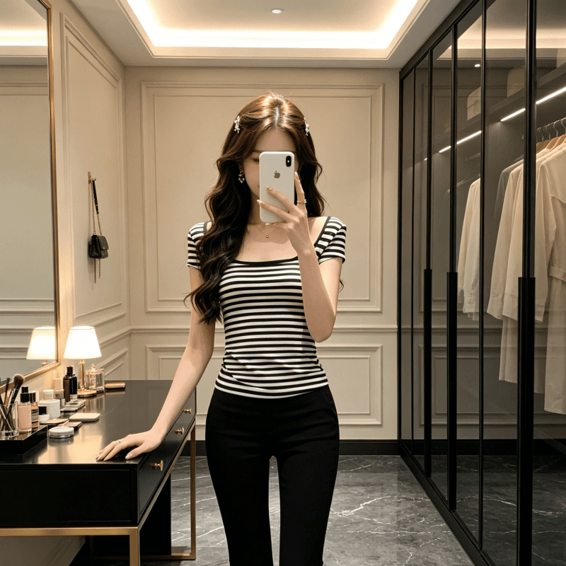 아메리칸 스트라이프 u 칼라 백리스 반팔 티셔츠 여성 여름 몸매 가꾸기 슬림해 보이는 핫걸 순수한 욕망 아름다운 맨위 상세 이미지 7