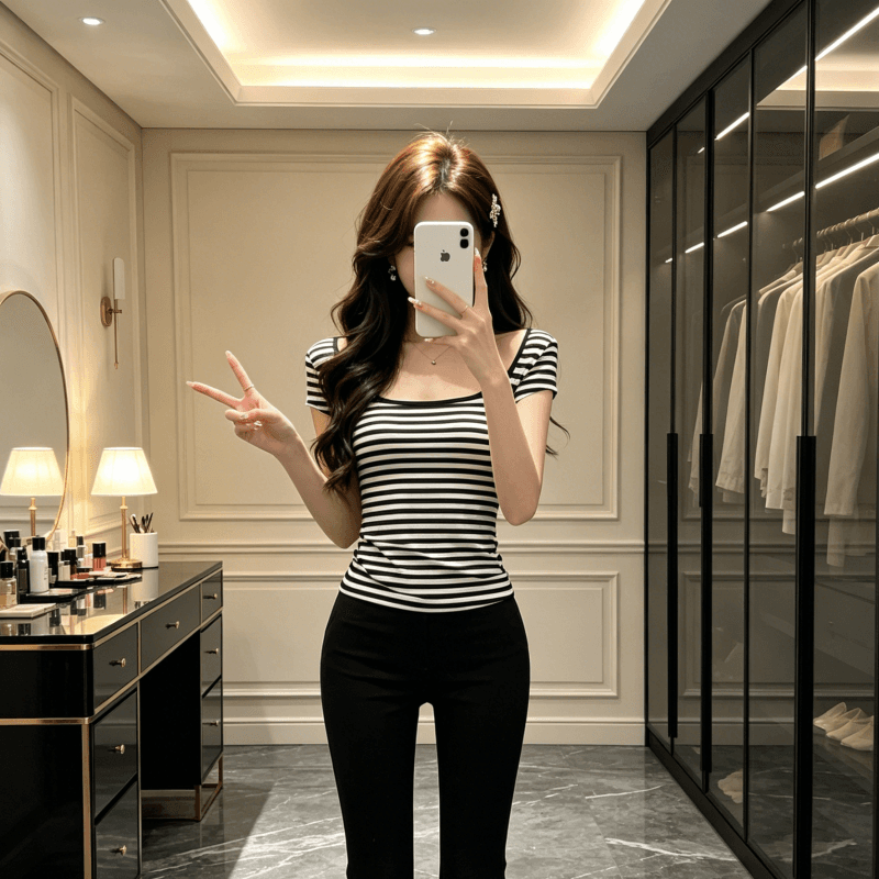 아메리칸 스트라이프 u 칼라 백리스 반팔 티셔츠 여성 여름 몸매 가꾸기 슬림해 보이는 핫걸 순수한 욕망 아름다운 맨위 상세 이미지 8