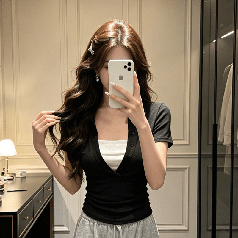 순면 아메리칸 검정색 페이크 레이어드 반팔 티셔츠 여성 여름 핫걸 바람 몸매 가꾸기 슬림해 보이는 다용도 맨위 이미지 2