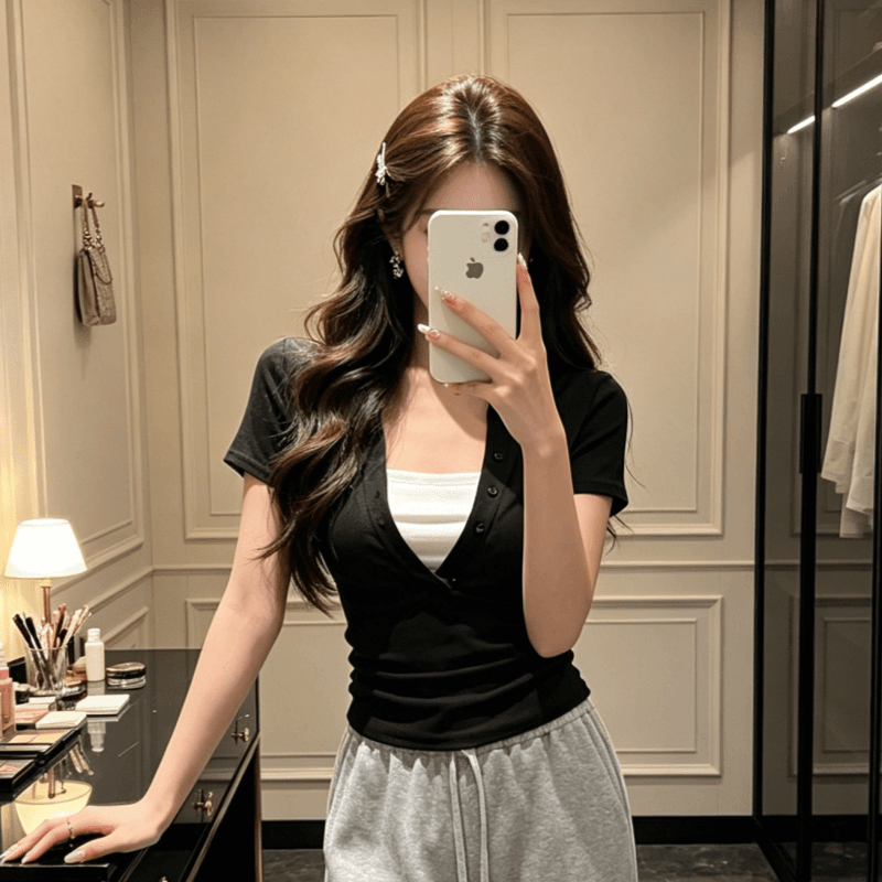 순면 아메리칸 검정색 페이크 레이어드 반팔 티셔츠 여성 여름 핫걸 바람 몸매 가꾸기 슬림해 보이는 다용도 맨위 이미지 3