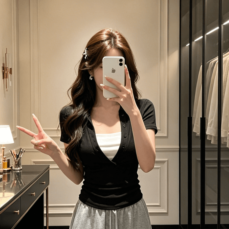 순면 아메리칸 검정색 페이크 레이어드 반팔 티셔츠 여성 여름 핫걸 바람 몸매 가꾸기 슬림해 보이는 다용도 맨위 상세 이미지 1