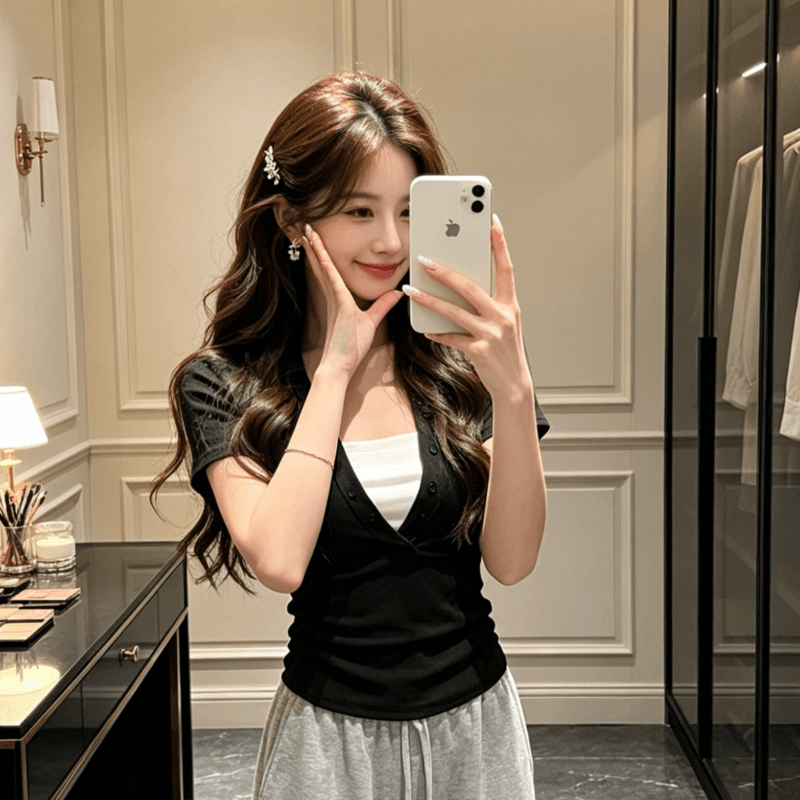 순면 아메리칸 검정색 페이크 레이어드 반팔 티셔츠 여성 여름 핫걸 바람 몸매 가꾸기 슬림해 보이는 다용도 맨위 상세 이미지 2