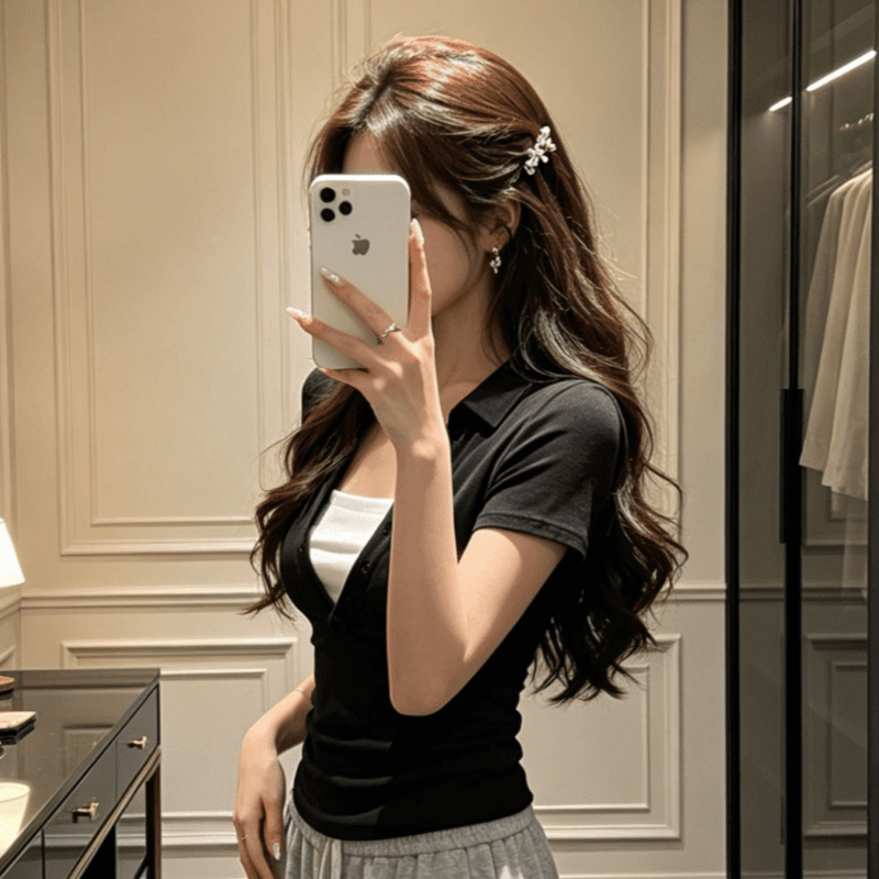 순면 아메리칸 검정색 페이크 레이어드 반팔 티셔츠 여성 여름 핫걸 바람 몸매 가꾸기 슬림해 보이는 다용도 맨위 상세 이미지 4