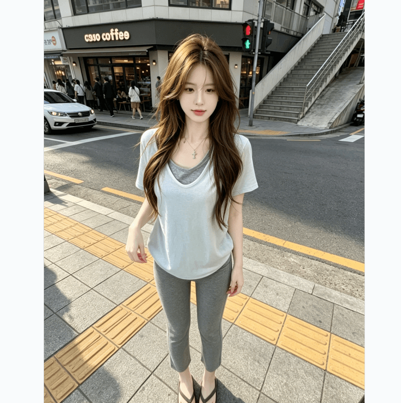 느긋한 바람 회색 긍정적 인 어깨 반팔 티셔츠 여성 2026 여름 섹션 V넥 디자인 연령 감소 표지 배 작은 셔츠 페이크 레이어드 맨위 이미지 2