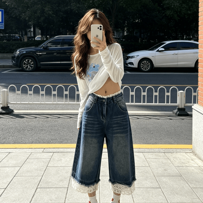 아메리칸 레트로 디자인 센스 레이스 조각 7 점 청바지 여성 스트레이트 루즈핏 몸매 가꾸기 디스플레이 몸 캐주얼 바지