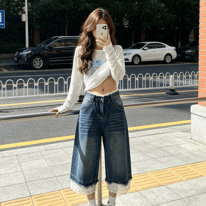 아메리칸 레트로 디자인 센스 레이스 조각 7 점 청바지 여성 스트레이트 루즈핏 몸매 가꾸기 디스플레이 몸 캐주얼 바지 이미지 4